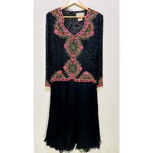 Adrianna Papell evening silk gown embroidered beaded Mother of bride women 14